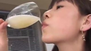 Real Teen Drinks a Lot of Cum from a Glass