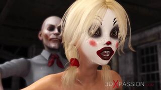 Joker Bangs Rough a Alluring Charming Blonde in a Clown Mask in the Abandoned Room